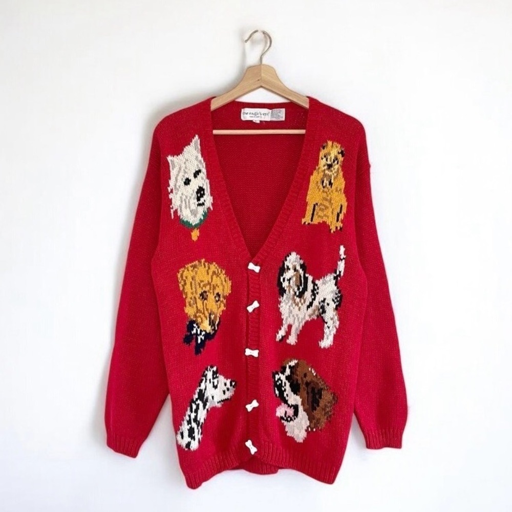 Vintage 90s The Eagle’s Eye Intarsia Dog Cardigan Novelty Sweater Red Large